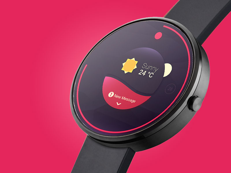 Smartwatch displaying weather and heart rate on a vibrant red background.