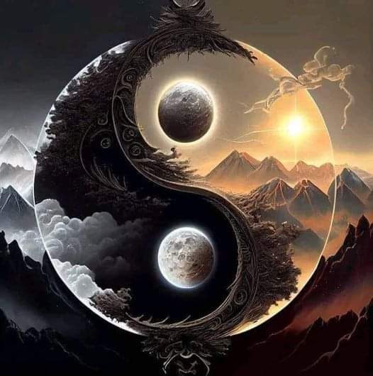A mystical yin-yang symbol with celestial and dragon elements.