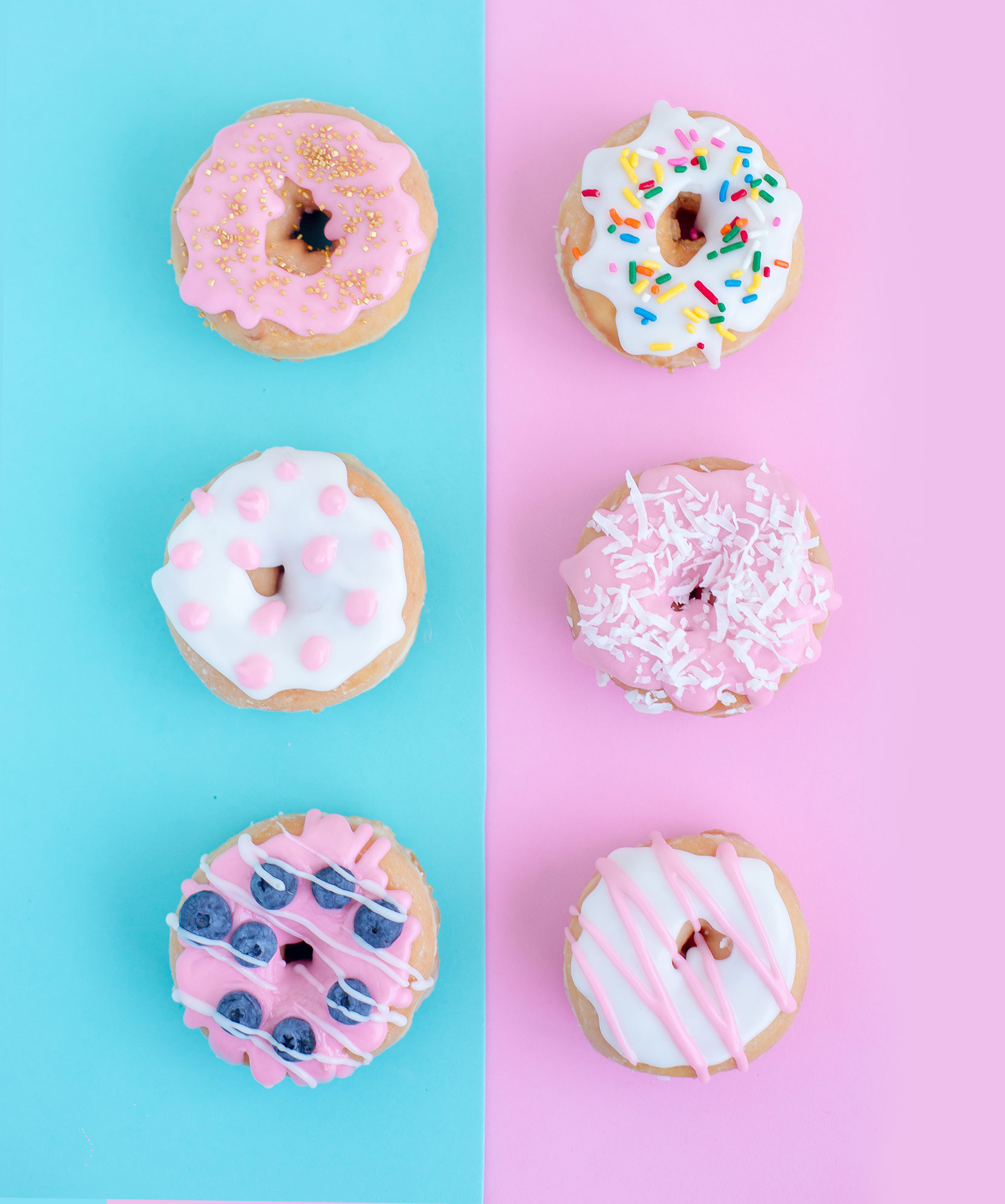 Six colorful donuts arranged in two columns on pink and blue backgrounds.