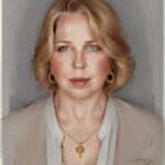 Portrait of a blonde woman with blue eyes and a neutral expression.