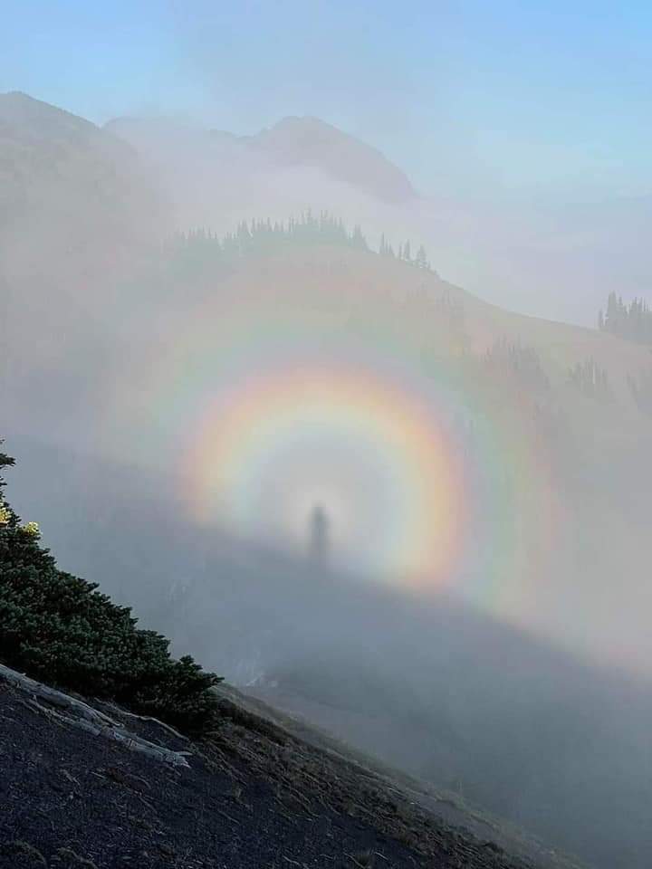 A rainbow halo with a shadowy figure in misty mountains.