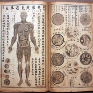 Ancient medical diagrams showing human anatomy and circular charts with traditional text.