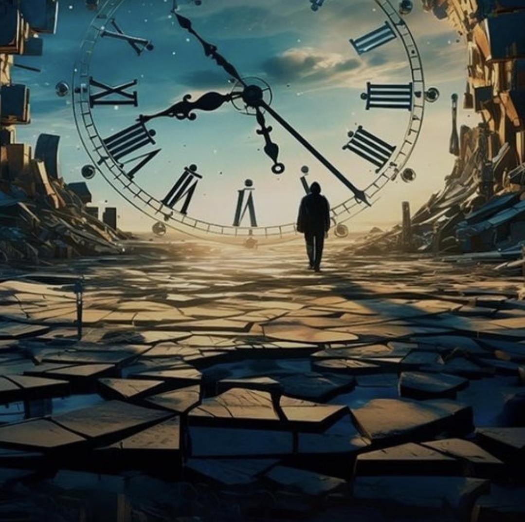 A person walks toward a giant, surreal clock in a fragmented landscape.