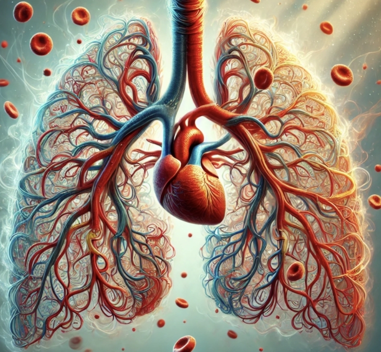 Artistic visualization of the heart and lungs with blood cells.