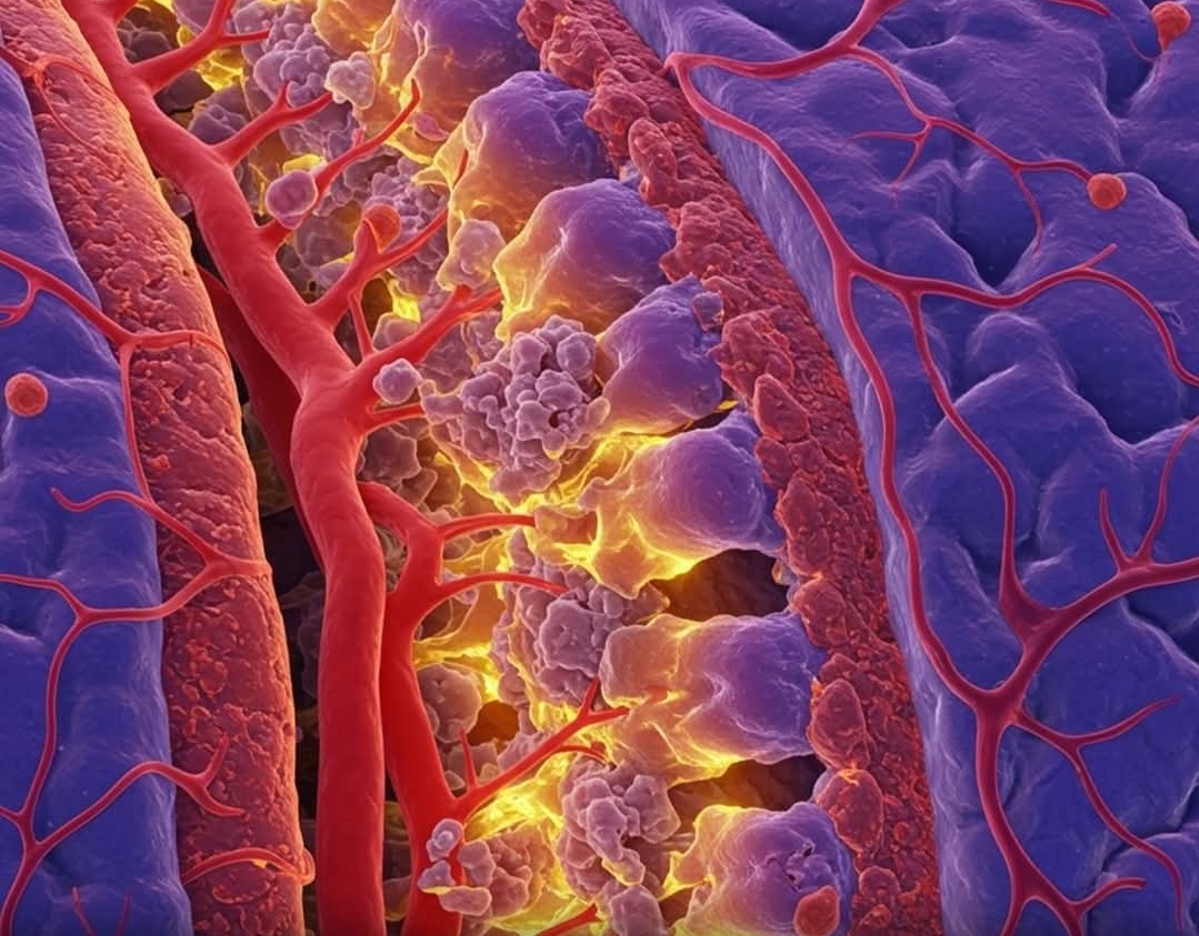 Close-up of a colorful spine section with glowing nerve cells.