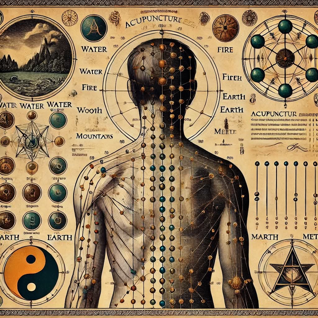 Vintage acupuncture chart showing meridian points and symbolic diagrams.