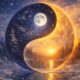A yin-yang symbol blending day and night with sun and moon.