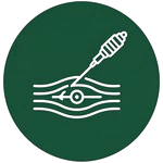 A dark green circular icon illustrating a white line drawing of an acupuncture needle penetrating layered skin tissue with an arrow indicating energy or blood flow direction.