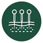 A dark green circular icon with a white line illustration of three acupuncture needles inserted into the skin, representing holistic therapy and alternative medicine.