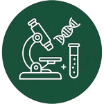 A dark green circular icon featuring a white line drawing of a microscope, a test tube, and a floating DNA double helix strand, representing genetic research.