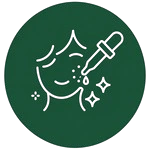A dark green circular icon showing a white line drawing of a person's face receiving a liquid droplet from a skincare pipette dropper, surrounded by aesthetic sparkles.