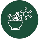A dark green circular icon showing a white line drawing of a mortar and pestle filled with herbs next to a molecular structure diagram, symbolizing natural chemistry.