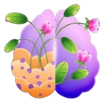 A human brain graphic split into purple and patterned sections with pink flowers growing out, symbolizing mental wellness and cognitive health.
