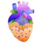An anatomical style graphic of a human heart with a small pink flower growing from the center, symbolizing cardiovascular wellness.