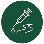 A dark green circular icon showing a white line drawing of a medical syringe administering a fluid droplet into a wavy pathway representing a blood vessel or IV line.