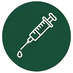 A dark green circular icon displaying a white line drawing of a medical syringe with a falling droplet, representing vaccination, blood draw, or injections.
