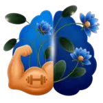 A blue-tinted illustration combining a human brain and a flexing bicep with a dumbbell icon, featuring blooming blue flowers to represent the mind-muscle connection.