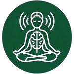 A dark green circular icon displaying a white line drawing of a person sitting in a lotus meditation position with a brain inside their torso and frequency waves around their head.