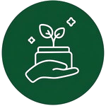 A dark green circular icon displaying a white line drawing of an open cosmetic jar with a seedling growing out of it, sitting on a hand to represent organic beauty products.