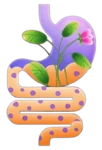 Creative illustration of a human stomach and intestinal tract with a blooming floral plant, representing gut microbiome and digestive health.