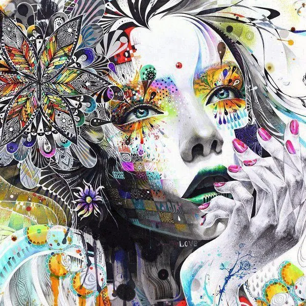 Vibrant surreal portrait blending nature and colors on a woman's face.