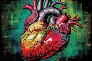 Vibrant, artistic depiction of a human heart with vivid colors and dynamic details. Vibrant, artistic depiction of a human heart with vivid colors and dynamic details.