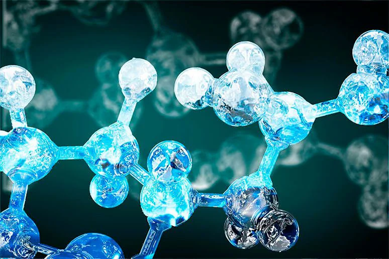 3D rendering of a molecular structure with glowing blue atoms.
