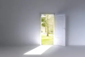 Open door revealing a bright, green outdoor scene.